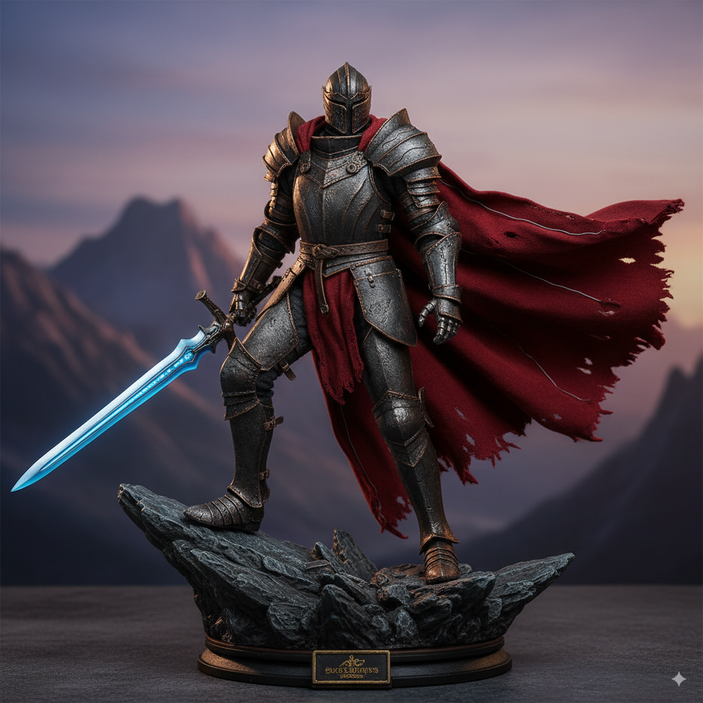 A detailed 1:6 scale statuette of a fantasy role-playing game protagonist. The figure wears distressed metal armor and a torn, flowing red fabric cape. It stands heroically on a rocky landscape display base, holding a sword that glows with a bright blue light. The background features mountains under a dramatic sunset sky.
